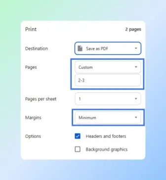 Browser print panel with Destination set to Save as PDF and Save button visible