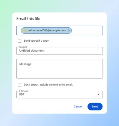 Google Docs Email this file dialog with PDF selected in the format dropdown