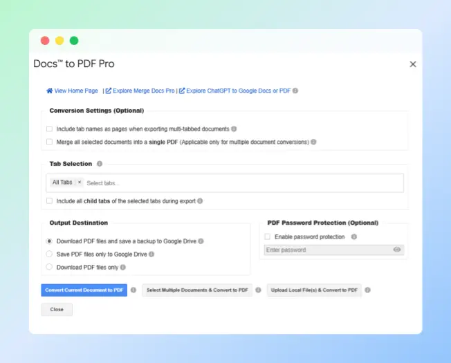 Docs to PDF Pro panel open in Google Docs with tab settings and output destination options