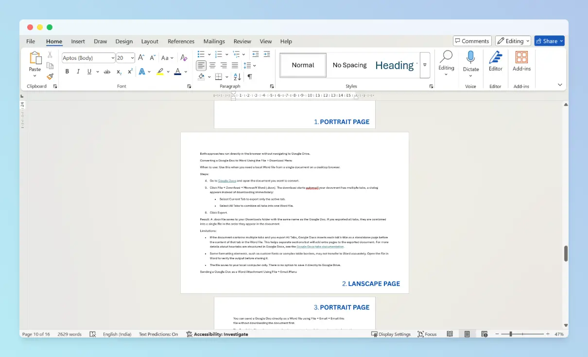 Print Layout view showing one landscape page between two portrait pages
