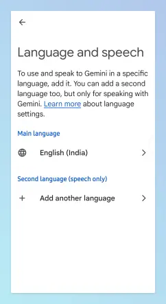 Gemini app Language settings screen on Android showing Main language option
