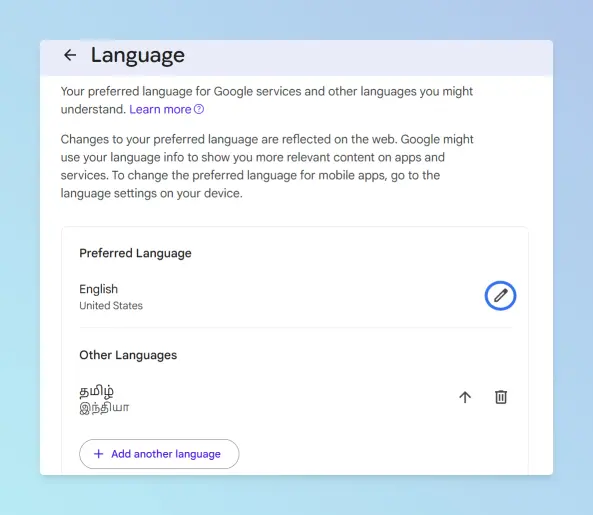 Google Account Personal info page showing the Language section with edit icon
