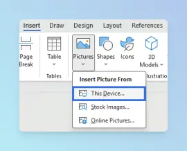 Insert tab in Microsoft Word with the Pictures menu open and the This Device option visible.