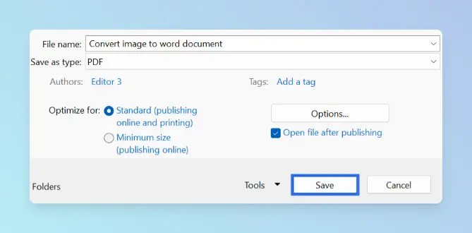 Save As dialog in Microsoft Word with Save as type set to PDF, Optimize for Standard selected, and Save button highlighted