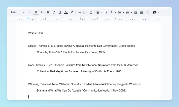 Google Docs paragraph showing a hanging indent applied; first line at the margin and following lines indented