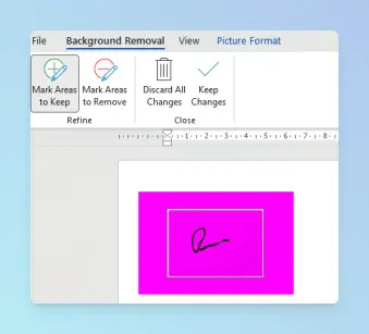 Remove Background tool in Word showing the background highlighted and the Mark Areas to Keep option.