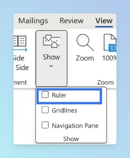Word View tab with the Ruler checkbox selected in the Show group