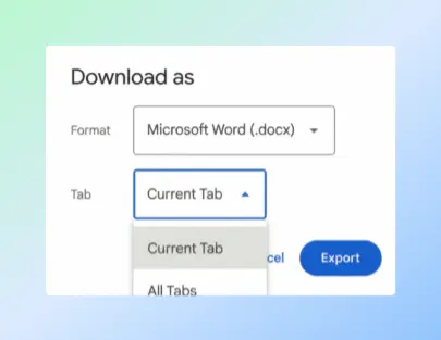 Google Docs multi-tab export dialog showing Current Tab and All Tabs options with Export button