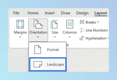 Orientation menu showing Landscape selected