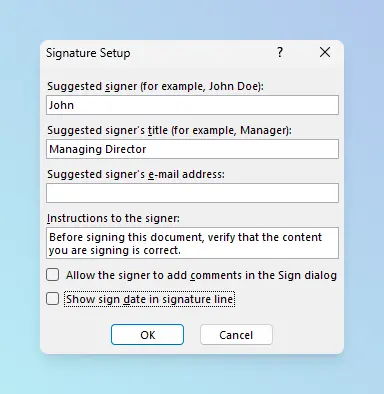 Signature Line dialog in Word showing fields for signer name and title.