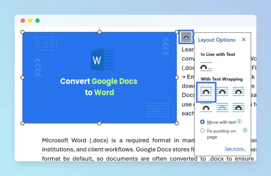 Layout Options panel in Microsoft Word showing Wrap Text options with Square selected.