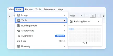Google Docs table grid picker highlighting a 2×1 table