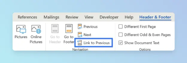 Header & Footer tab in Word with the Link to Previous button highlighted