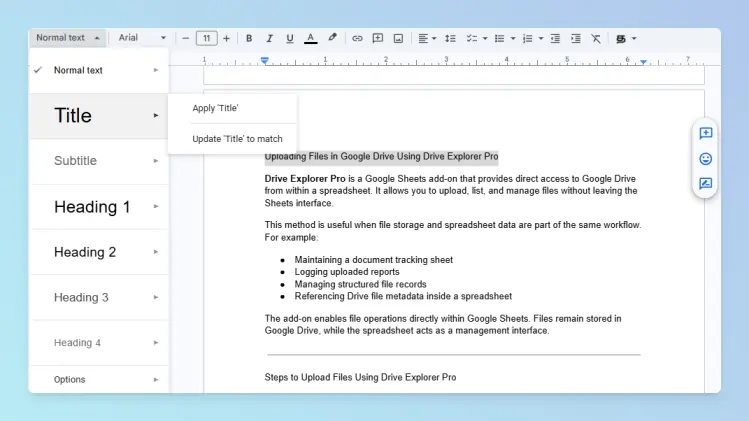 Google Docs Styles dropdown with heading options