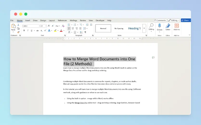Word document after PDF conversion showing a heading, body paragraphs, and normal editing ribbon so text is selectable