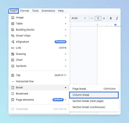 Google Docs Insert menu with Break submenu and Column break option
