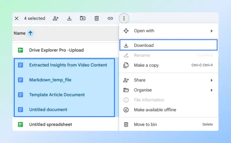 Google Drive showing multiple files selected with right-click context menu open and Download highlighted