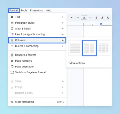 Google Docs Format menu open