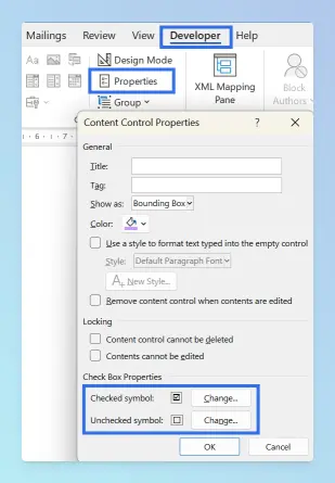 Content Control Properties dialog with Checked symbol and Change button