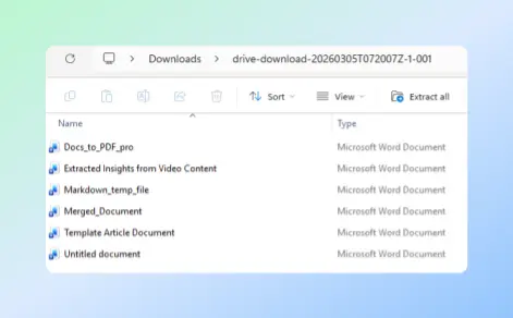 Downloaded ZIP archive in the browser Downloads bar containing converted Word files