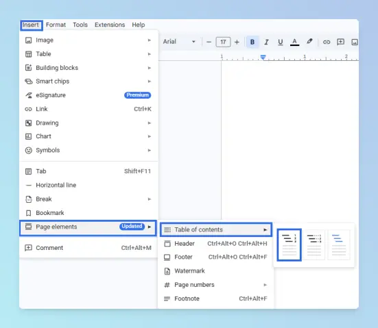 Insert menu with Page elements submenu expanded and Table of contents selected; With page numbers and With links options visible