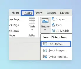 Word Insert tab with Pictures option or file browser for inserting an image from your computer.