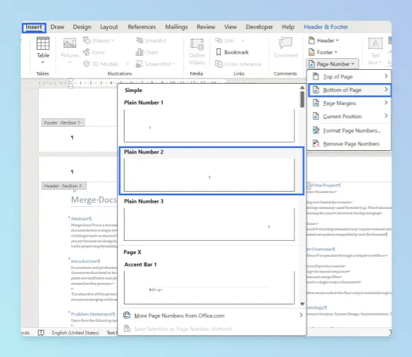 Insert tab in Word with the Page Number menu open showing Top of Page, Bottom of Page, Page Margins and Current Position