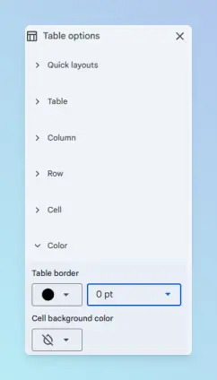 Table options panel with Color section expanded