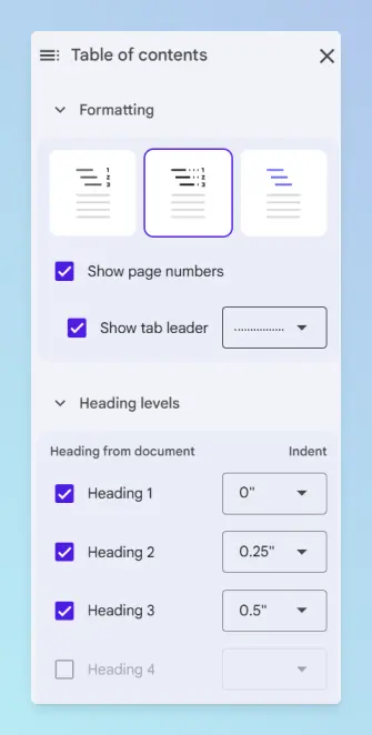 Table of contents selected with More options menu open; Formatting (page numbers, blue links, tab leader) and Heading levels toggles visible