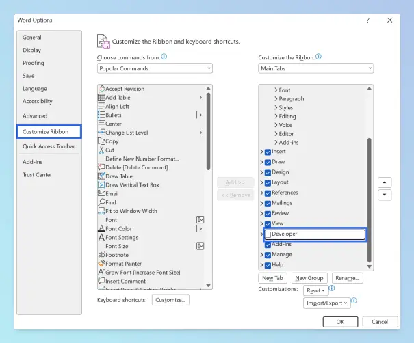 Word Options Customize Ribbon with Developer checkbox selected in Main Tabs