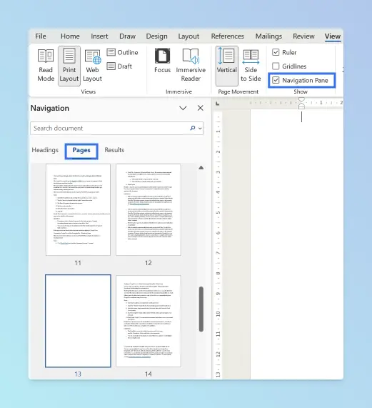 Word Navigation Pane with Pages tab showing thumbnails of document pages including the blank page