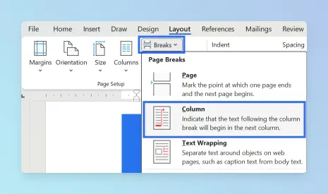 Word Layout tab showing Columns menu with Two selected and Breaks menu showing Column break option.