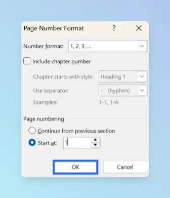 Page Number Format dialog in Word with Number format set to 1, 2, 3 and Start at selected under Page numbering