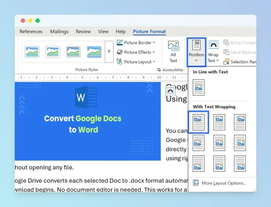 Picture Format tab in Word with Position dropdown expanded showing preset text wrapping positions.