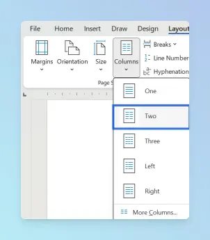 Word Layout tab with Columns dropdown open and Two selected.