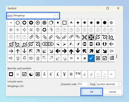 Font dialog with Wingdings selected showing checkmark symbol
