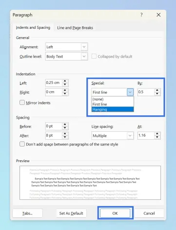 Paragraph dialog with Special set to Hanging and indent 0.5 inches