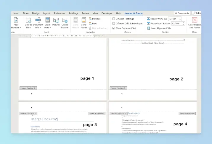 Word footer editing mode with the Footer - Section 2 label visible below a section break