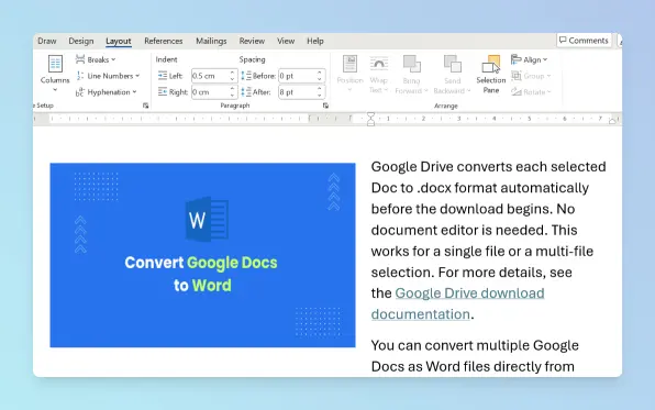 Word document showing image in left column and text in right column with a two-column section layout.