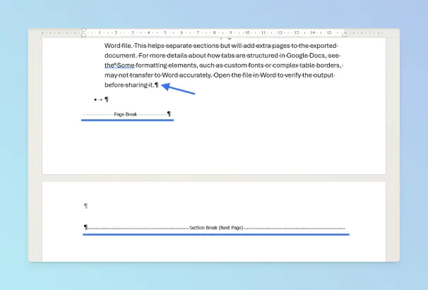 Word document with formatting marks enabled showing paragraph marks and Page Break or Section Break