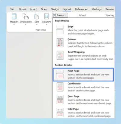 Word Layout tab with the Breaks menu open and Next Page highlighted under Section Breaks