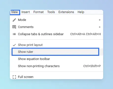 Google Docs with horizontal ruler shown above the page after View → Show ruler