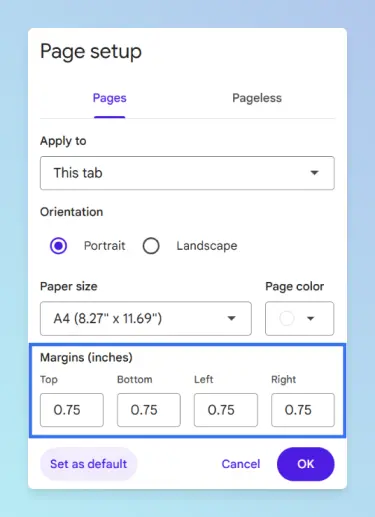 Google Docs Page setup dialog on the Pages tab, with Apply to set to This tab and the Top, Bottom, Left and Right margin fields highlighted