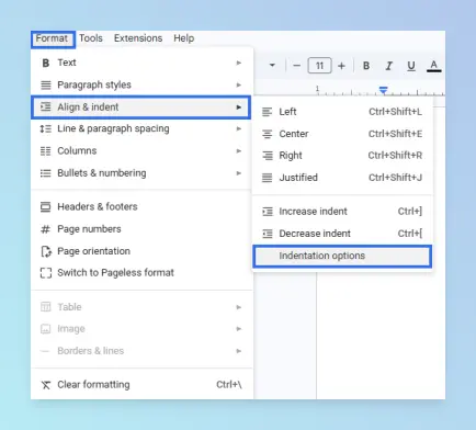 Indentation Options dialog open in Google Docs; Left, Right, and Special indent fields visible after Format → Align &#x26; Indent → Indentation Options