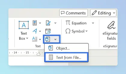 Insert tab in Microsoft Word with the Object dropdown expanded, showing the Text from File option in the Text group.