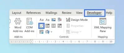 Check Box Content Control button in Developer tab Controls group
