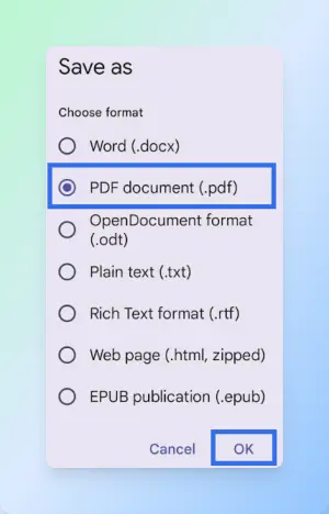 Google Docs mobile app showing the Save as dialog with file format options