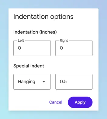 Indentation Options dialog with Special indent set to Hanging and indent value 0.5 inch entered before Apply