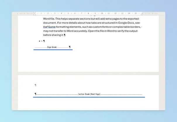 Word document with Page Break or Section Break highlighted and cursor positioned before it, ready to delete
