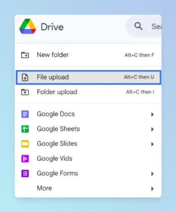 Google Drive New menu open with File upload option highlighted for adding a file from the computer